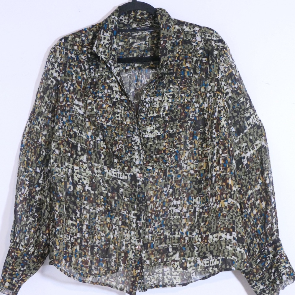 Jones New York Womens Blouse 16W Green Abstract Mosaic Sheer Earthy Oversized